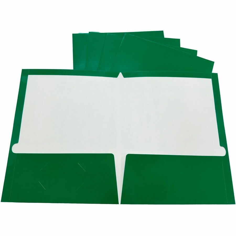 Business Source Letter Pocket Folder - 8 1/2" x 11" - 100 Sheets Capacity - 2 Internal Pocket - Card Paper - Green - Durable, Laminated, Die-cut - 1 Box