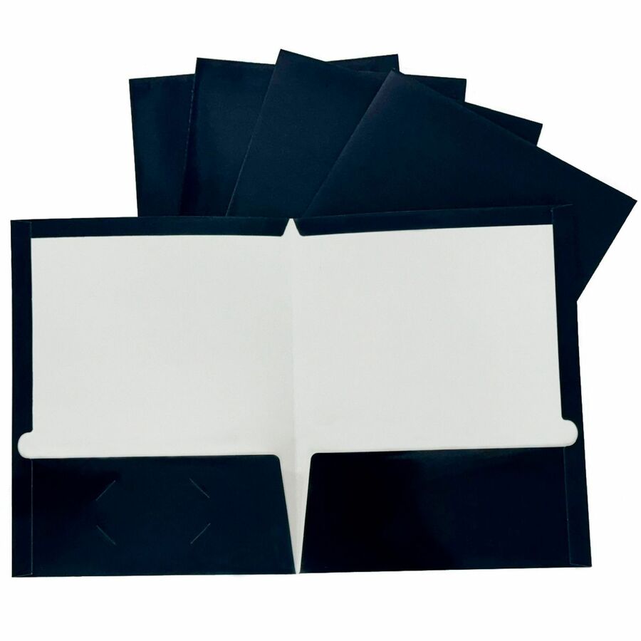 Business Source Letter Pocket Folder - 8 1/2" x 11" - 100 Sheets Capacity - 2 Internal Pocket - Card Paper - Navy - Durable, Laminated, Die-cut - 1 Box
