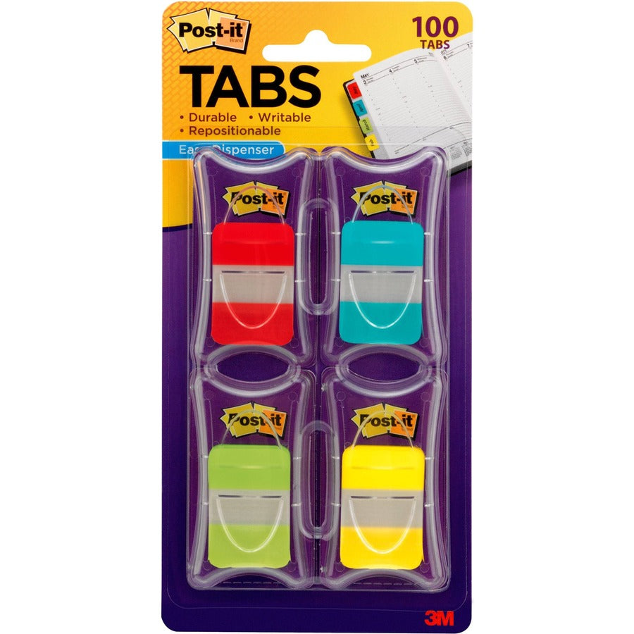 Post-it&reg, Tabs - 100 Write-on Tab(s) - 1" Tab Height x 1.50" Tab Width - Red, Blue, Green, Yellow Tab(s) - Tear Resistant, Wear Resistant, Repositionable, Durable - 100 / Pack