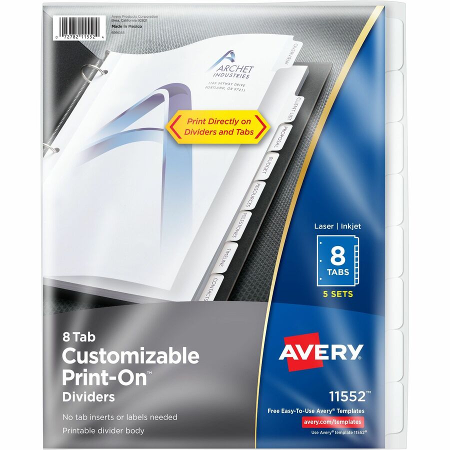 Avery&reg, Customizable Print-On Dividers - 40 x Divider(s) - Print-on Tab(s) - 8 - 8 Tab(s)/Set - 8.5" Divider Width x 11" Divider Length - 3 Hole Punched - White Paper Divider - White Paper Tab(s) - 20% Recycled - Hole-punched, Printable, Customizabl...
