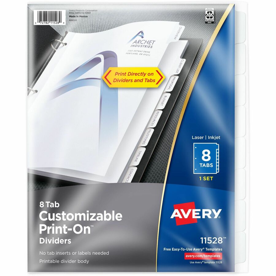 Avery&reg, Customizable Print-On(TM) Dividers, 8-Tab Set (11528) - 8 x Divider(s) - Print-on Tab(s) - 8 - 8 Tab(s)/Set - 8.5" Divider Width x 11" Divider Length - 3 Hole Punched - White Paper Divider - White Paper Tab(s) - 100% - Printable, Hole-punche...