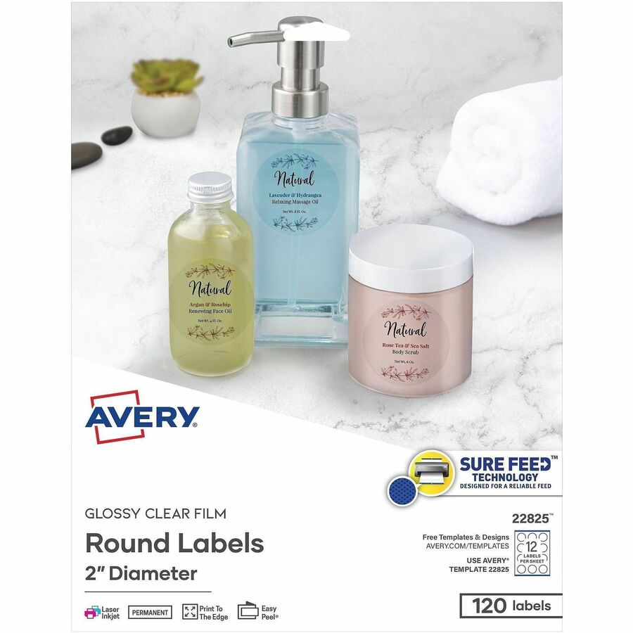 Avery&reg, Printable Round Labels, 2" , Glossy Clear, 120 Labels (22825) - Waterproof - x 2" Diameter - Full Sheet - Permanent Adhesive - Round - Inkjet, Laser - Glossy Crystal Clear - Crystal Clear - Film - 12 / Sheet - 10 Total Sheets - 120 Total Lab...