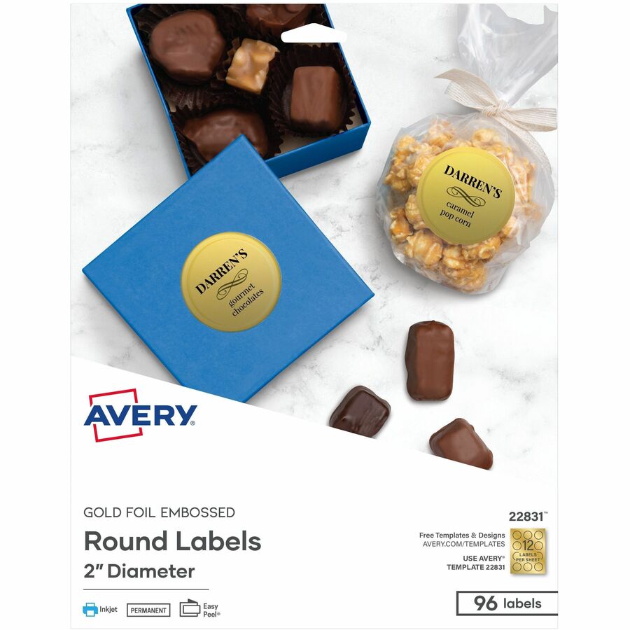 Avery&reg, Promotional Label - x 2" Diameter - Permanent Adhesive - Round - Inkjet - Matte Gold - Matte - Paper - 12 / Sheet - 12 Total Sheets - 96 Total Label(s) - 96 / Pack