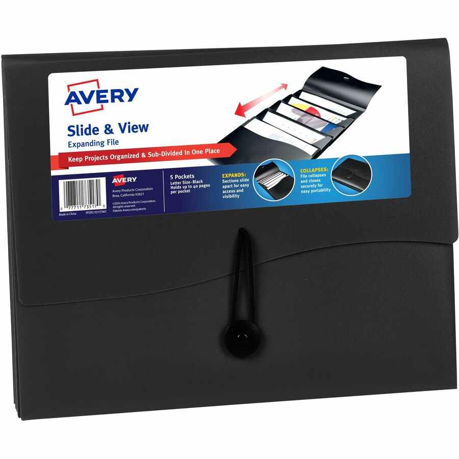 Avery&reg, Slide & View Letter Expanding File - 8 1/2" x 11" - 200 Sheets Capacity - 5 Pocket - Black - Elastic Closure - 1 Each