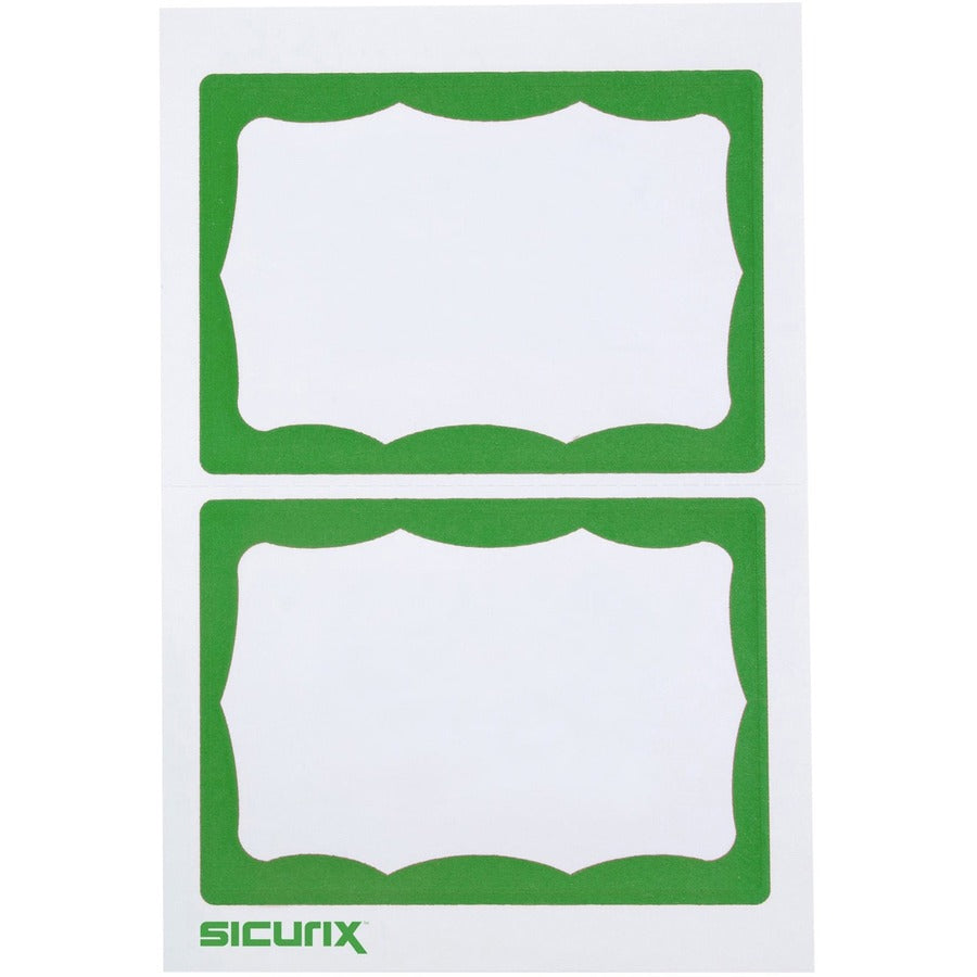 SICURIX Green Border Adhesive Badges 2 Per Sheet 100 Pack White - 3 1/2" Width x 2 1/4" Length - Removable Adhesive - Inkjet, Laser - White - Green Border - 2 / Sheet - 100 / Box