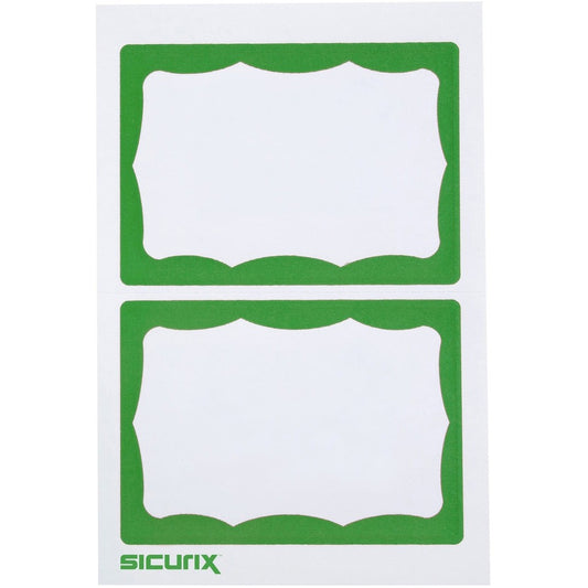 SICURIX Green Border Adhesive Badges 2 Per Sheet 100 Pack White - 3 1/2" Width x 2 1/4" Length - Removable Adhesive - Inkjet, Laser - White - Green Border - 2 / Sheet - 100 / Box