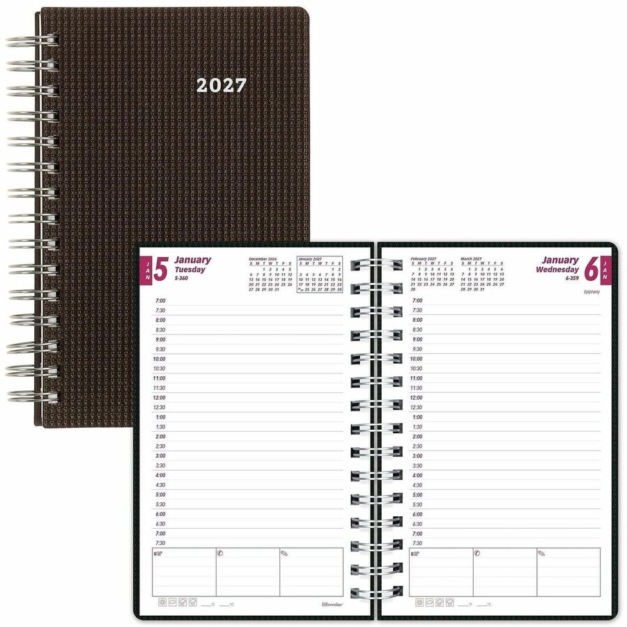 Brownline DuraFlex Daily Appointment Book / Monthly Planner - Julian Dates - Daily - 12 Month - January 2027 to December 2027 - 7:00 AM to 7:30 PM - Half-hourly - 1 Day Single Page Layout - 8" x 5" Sheet Size - Twin Wire - Black - Poly - 1 Each
