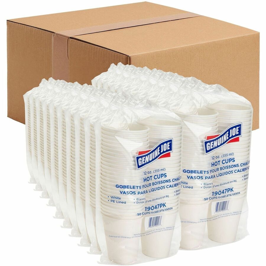 Genuine Joe 12 oz Disposable Hot Cups - 12 fl oz - White - Polyurethane - Hot Drink, Beverage - 250/Bundle - 4 / Carton