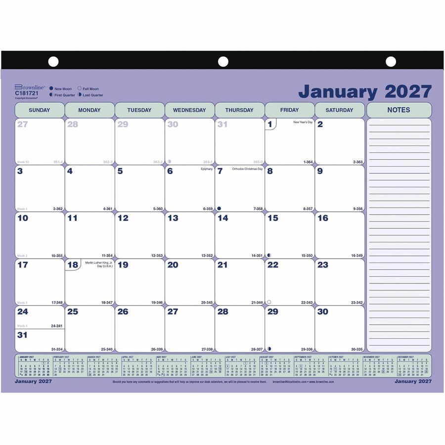 Brownline Monthly Desk Pad Calendar, 11" x 8-1/2" , English - Julian Dates - Monthly - 12 Month - January 2027 to December 2027 - 1 Month Single Page Layout - Letter - 11" x 8 1/2" Sheet Size - 3 x Holes - Desk Pad - Wall Mount - White - Chipboard, Car...