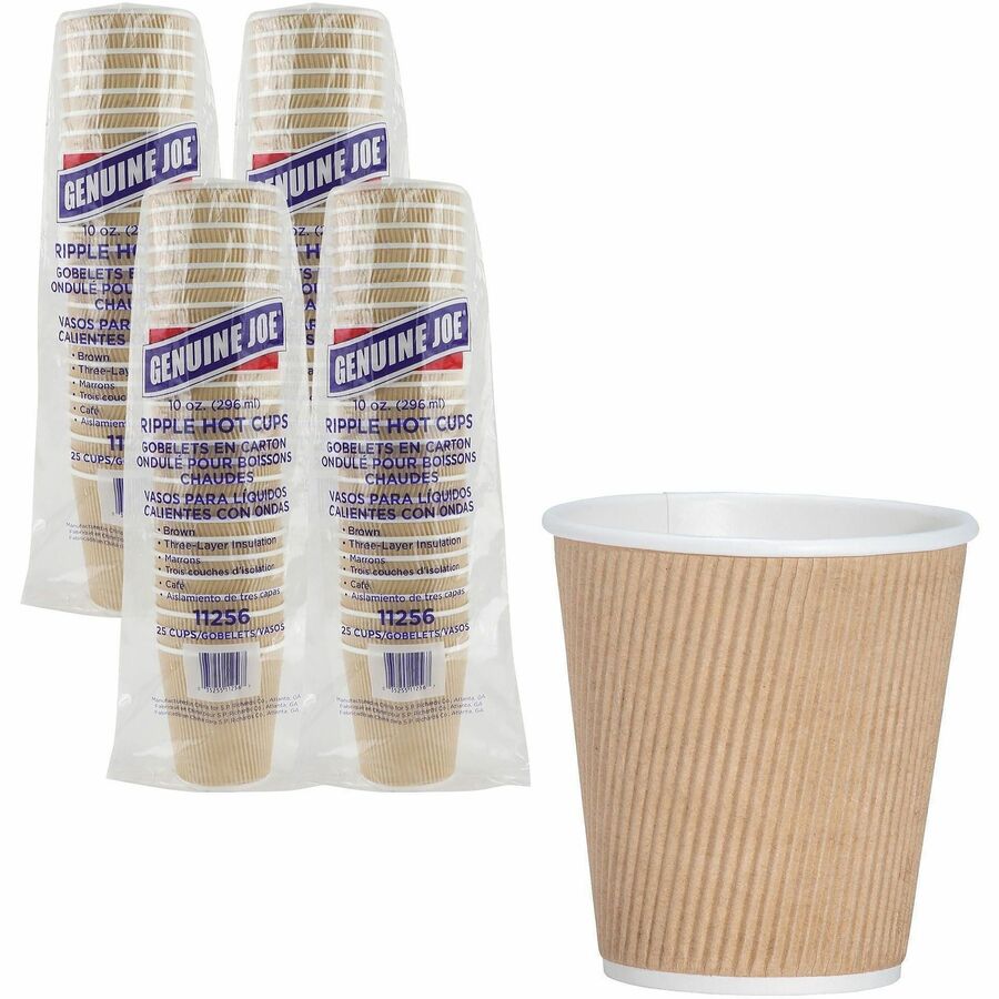 Genuine Joe 10 oz Rippled Hot Cups - 10 fl oz - Brown - Hot Drink, Beverage - 25/Pack - 4 / Carton