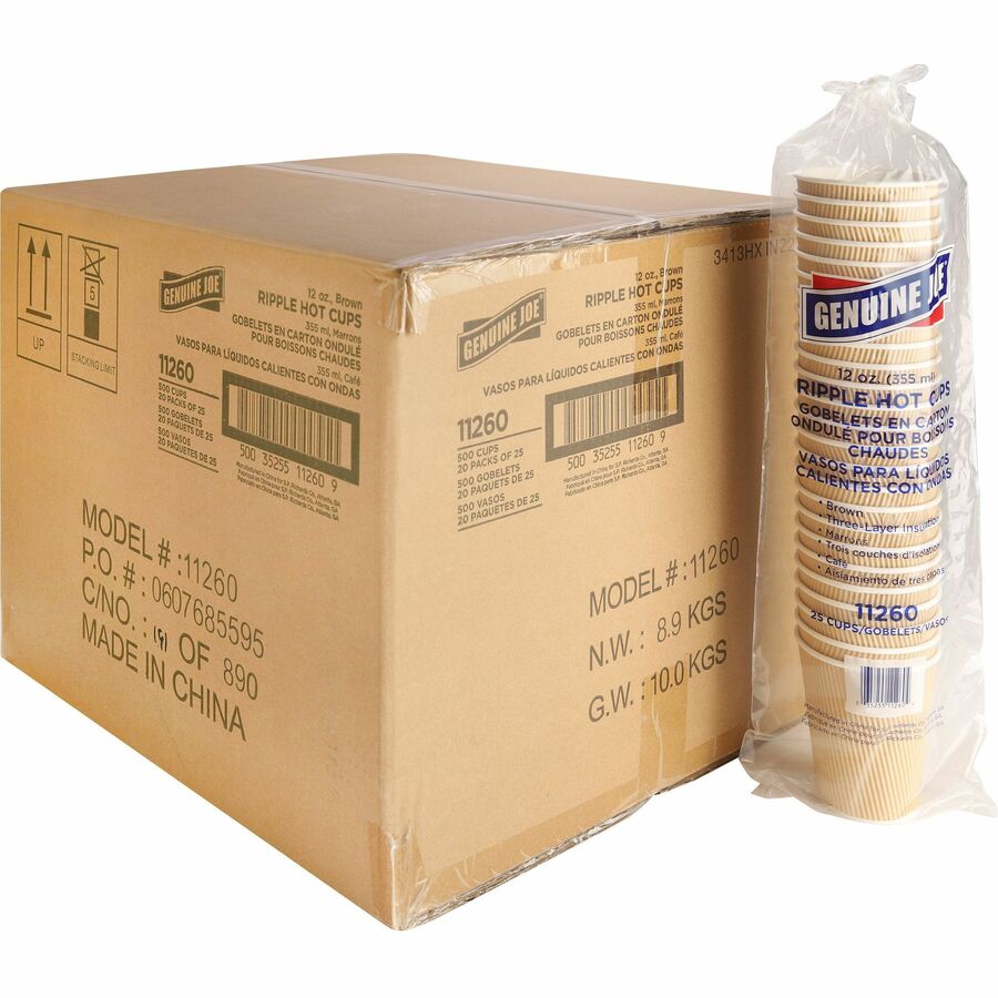 Genuine Joe 12 oz Rippled Hot Cups - 12 fl oz - Brown - Hot Drink, Beverage - 25/Pack - 4 / Carton