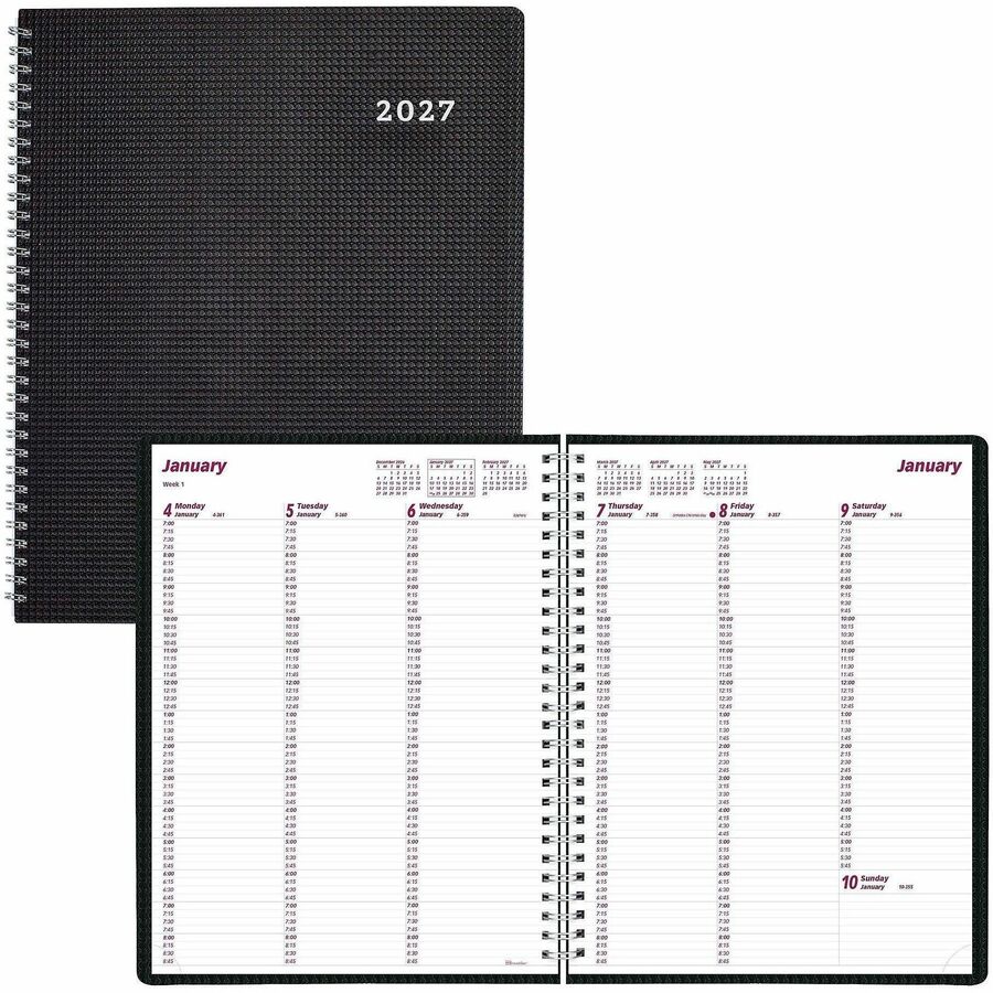 Brownline DuraFlex Weekly Planner - Julian Dates - Weekly - 12 Month - January 2027 to December 2027 - 7:00 AM to 8:45 PM - Quarter-hourly, 7:00 AM to 5:45 PM - Quarter-hourly - 1 Week Single Page Layout - 11" x 8 1/2" Sheet Size - Twin Wire - Black...