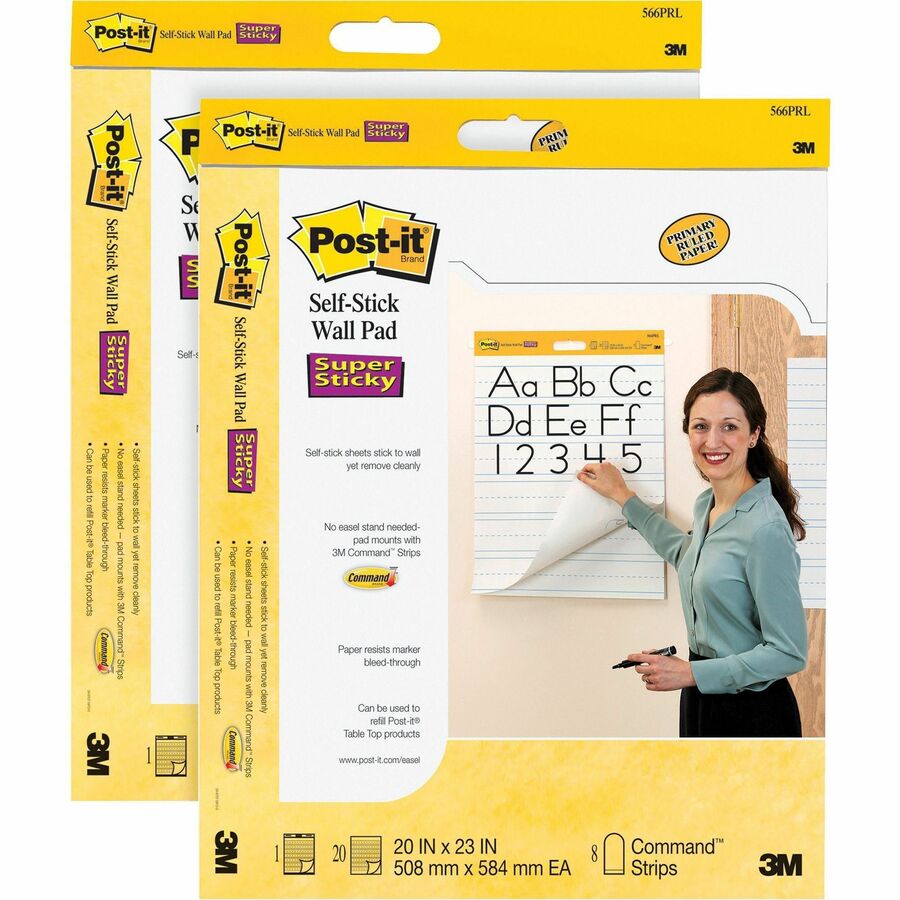 Post-it&reg, Self-Stick Wall Pads - 20 Sheets - Stapled - Ruled Blue Margin - 18.50 lb Basis Weight - 20" x 23" Sheet Size - White Paper - Cardboard Cover - Self-adhesive, Bleed Resistant, Repositionable, Resist Bleed-through, Removable, Sturdy Back...