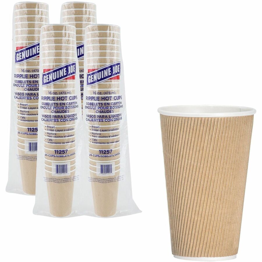 Genuine Joe 16 oz Rippled Hot Cups - 16 fl oz - Brown - Hot Drink, Beverage - 25/Pack - 4 / Carton