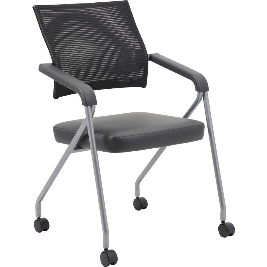 Boss Caressoft Plus Training Chair - Black Seat Color - Vinyl Seat Material - Black Back Color - Mesh Back Material - Pewter Frame Material - Four-legged Base - Armrest - 2 / Carton