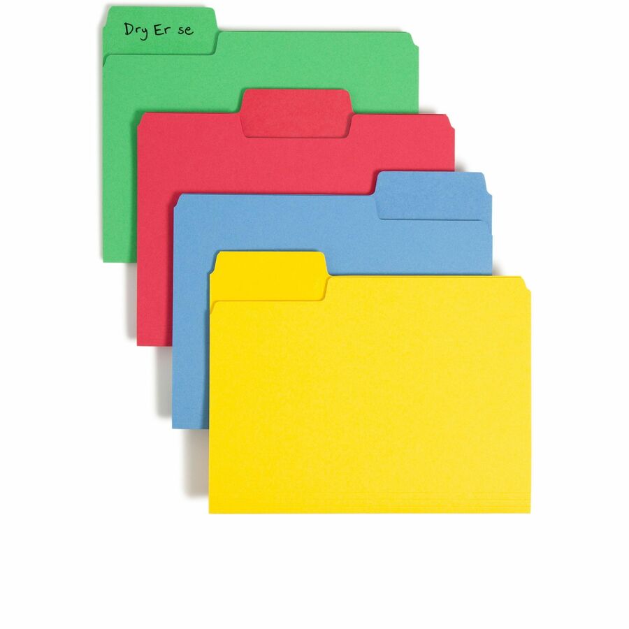 Smead SuperTab 1/3 Tab Cut Letter Top Tab File Folder - 8 1/2" x 11" - Top Tab Location - Assorted Tab Position - 11 pt. - 1 Plys - Blue, Red, Green, Yellow - Durable - 10% Recycled - 24 / Pack
