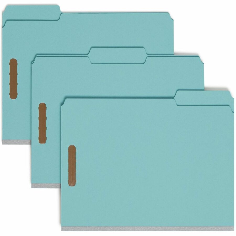 Smead 1/3 Tab Cut Letter Fastener Folder - 8 1/2" x 11" - 2" Expansion - 2 x 2K Fastener - Assorted Tab Position - 1 Plys - Pressboard - Blue - Eco-friendly, Heavy Duty, Dye-free - 100% Recycled - 25 / Box