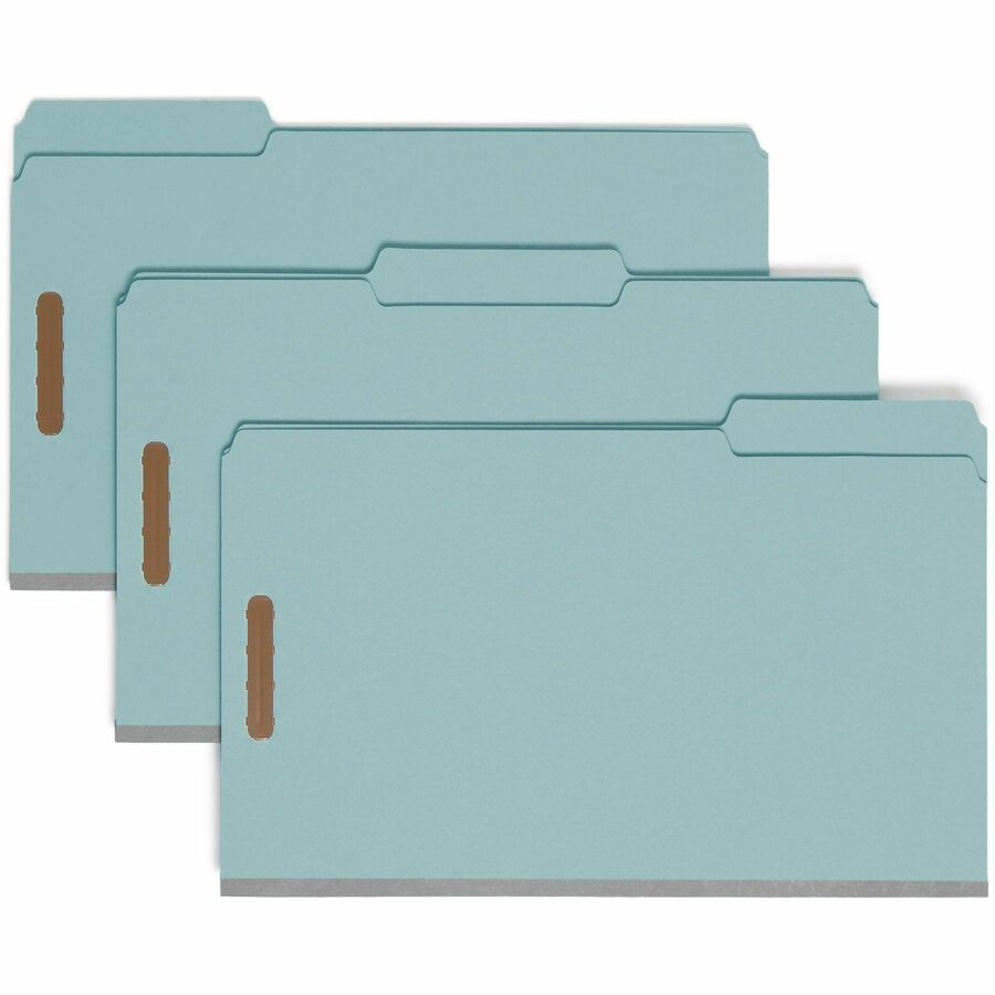 Smead 1/3 Tab Cut Legal Fastener Folder - 9 1/2" x 14 5/8" - 3" Expansion - 2 x 2K Fastener - Folder - Assorted Tab Position - 1 Plys - Pressboard - Blue - Eco-friendly, Heavy Duty, Dye-free - 100% Recycled - 25 / Box