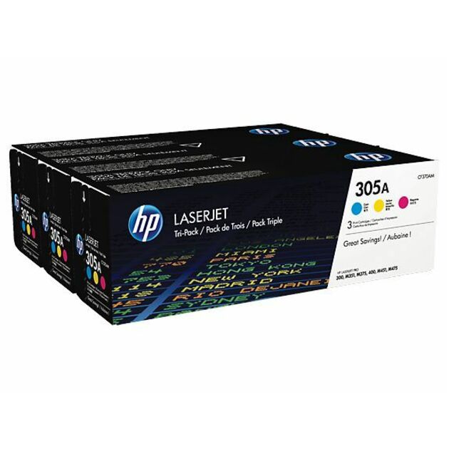 HP 305A CYM (CF370AM) Original Laser Toner Cartridge - Tri-pack - Cyan, Magenta, Yellow - 1 Carton - 2600 Pages