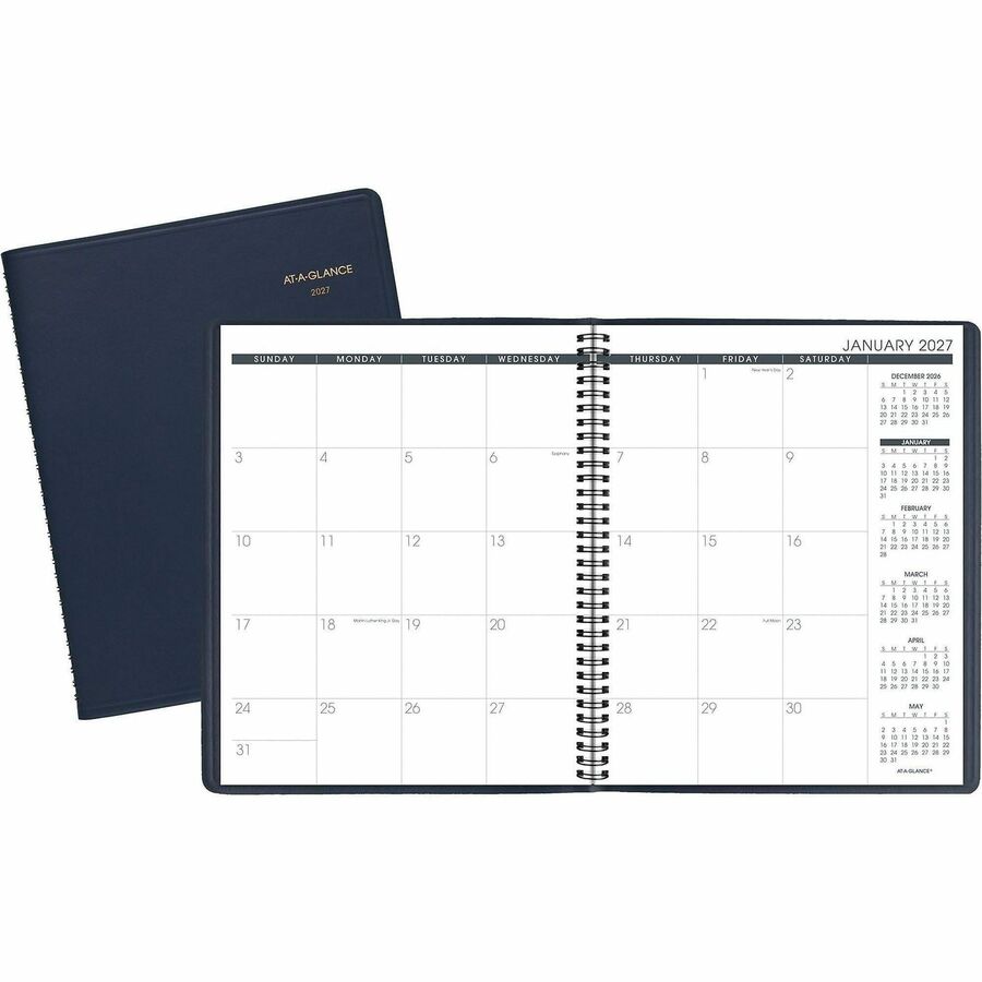 At-A-Glance Planner - Large - Monthly - 15 Month - January 2027 to March 2028 - 1 Month Double Page Layout - 9" x 11" Sheet Size - White Sheet - Wire Bound - Navy - Faux Leather - 1 Each