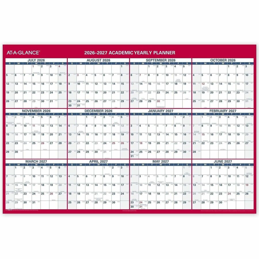 At-A-Glance Erasable Two-sided Wall Calendar - Julian Dates - Yearly - July 2026 to June 2027 - 48" x 32" Sheet Size - 1.63" x 1.63" , 1.25" x 1.88" Block - Red, White, Blue - 32" Height x 48" Width - 1 Each