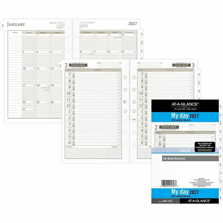 At-A-Glance Daily Planner One Page Per Day Refill, Loose-Leaf, Desk Size - Julian Dates - Daily - 12 Month - January 2027 to December 2027 - Hourly - 1 Day Single Page Layout - 5 1/2" x 8 1/2" Sheet Size - White Sheet - 7-ring - Desk - White - Paper...