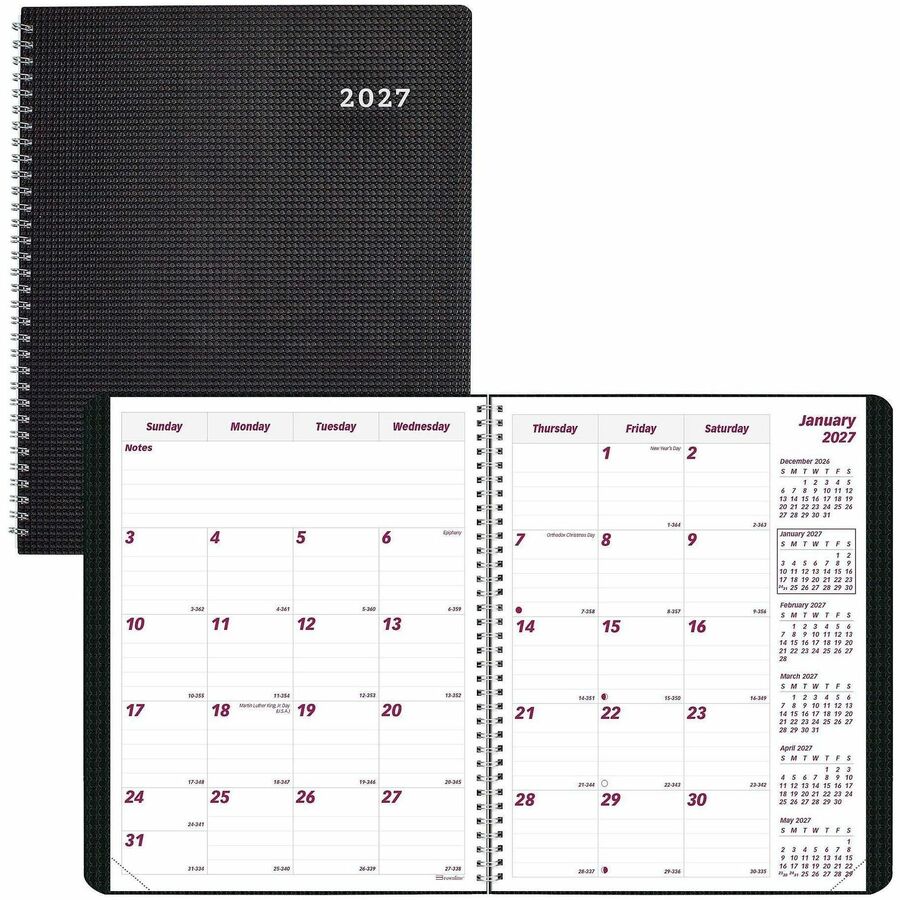 Brownline Monthly Planner - Julian Dates - Monthly - 14 Month - December 2026 to January 2028 - 1 Month Double Page Layout - 7 1/8" x 8 7/8" Sheet Size - Twin Wire - Black - Poly - 1 Each