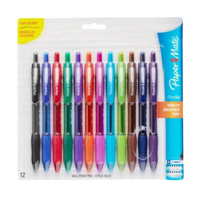 Paper Mate Profile Ballpoint Pen - Refillable - Retractable - Black, Blue, Green, Brown, Lime, Magenta, Navy, Orange, Purple, Turquoise - 12 / Pack