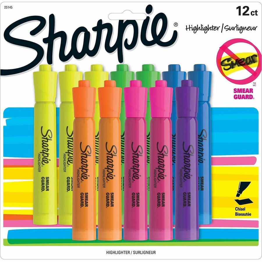 Sharpie Accent Highlighter - Tank - Fluorescent Yellow, Fluorescent Green, Fluorescent Orange, Fluorescent Pink, Blue, Lavender Ink - 12 / Pack
