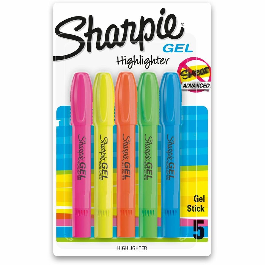 Sharpie Gel Highlighter - Fluorescent Blue, Fluorescent Green, Fluorescent Orange, Fluorescent Pink, Fluorescent Yellow Ink - Gel-based - 5 / Set