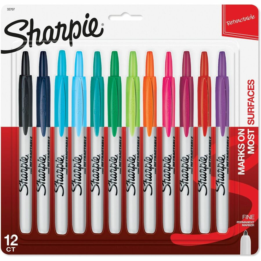 Sharpie Retractable Fine Point Permanent Marker - Retractable - Aqua, Berry, Black, Blue, Green, Lime, Navy, Orange, Plum, Purple, Red, ... Ink - 12 / Set