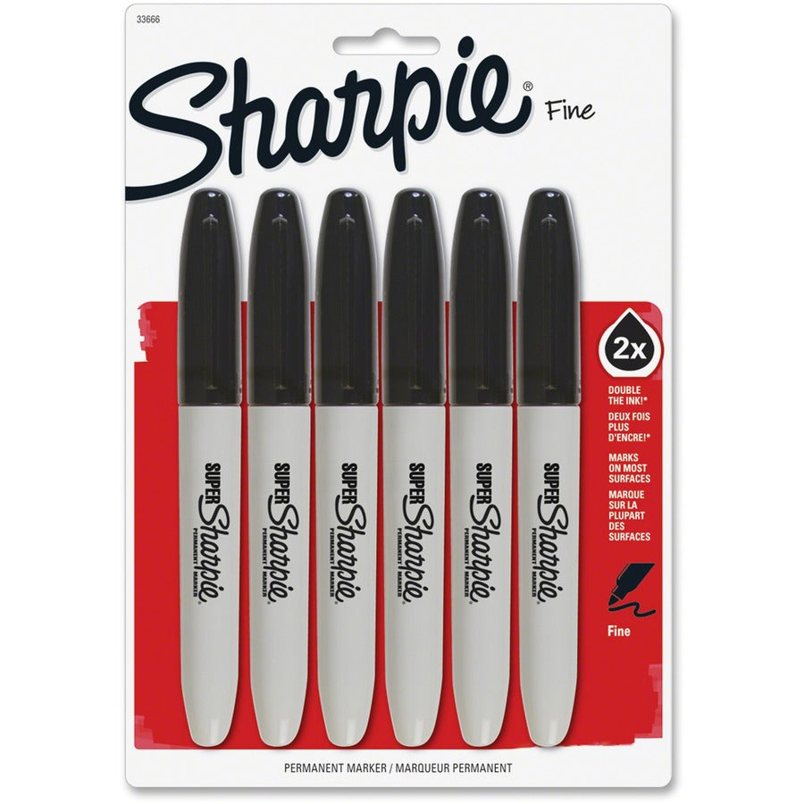 Sharpie Super Permanent Marker - Black Ink - Plastic Barrel - 6 / Pack