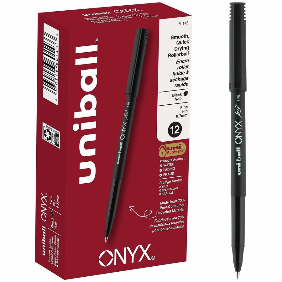 uniball™, Onyx Rollerball Pens - Black Ink - Dye-based - Matte Black Barrel - Metal Tip - 1 Dozen