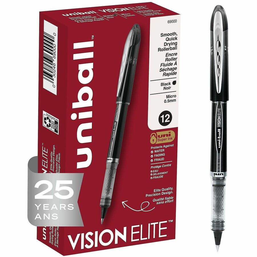 uniball™, Vision Elite Rollerball Pen - Black Ink - Black Barrel - Stainless Steel, Tungsten Carbide Tip - 1 Each