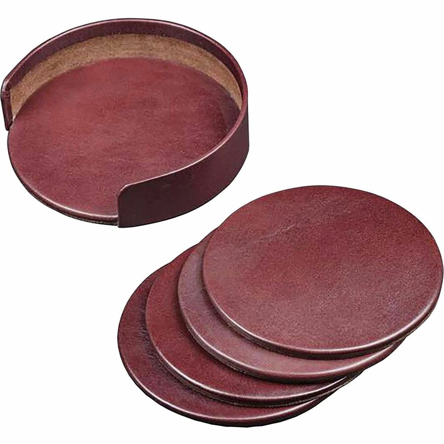 Dacasso Leather Coasters - Set of 4 with Holder - 4 Coaster of 4" Diameter - Round - Mocha - Top Grain Leather, Felt - 1Each
