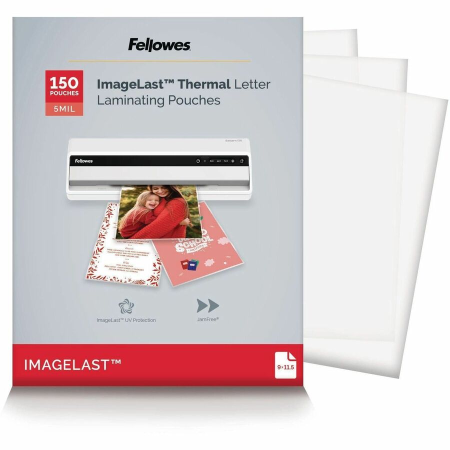 Fellowes ImageLast Jam-Free Premium Thermal Laminating Pouches - Sheet Size Supported: Letter 9" Width x 11.50" Length - Laminating Pouch/Sheet Size: 9" Width x 5 mil Thickness - Type G - Glossy - for Document - Durable, UV Resistant, Fade Resistant, W...