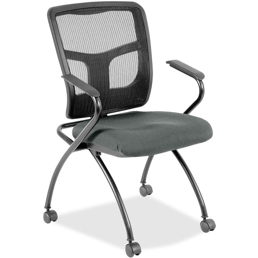 Lorell Mesh Back Nesting Training/Guest Chairs - Expo Fog Seat Color - Fabric Seat Material - Powder Coated Frame Color - Metal Frame Material - Four-legged Base - Black - Mesh - Armrest - 2 / Carton