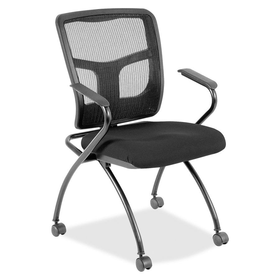 Lorell Mesh Back Nesting Training/Guest Chairs - Expo Tuxedo Seat Color - Fabric Seat Material - Powder Coated Frame Color - Metal Frame Material - Four-legged Base - Black - Mesh - Armrest - 2 / Carton
