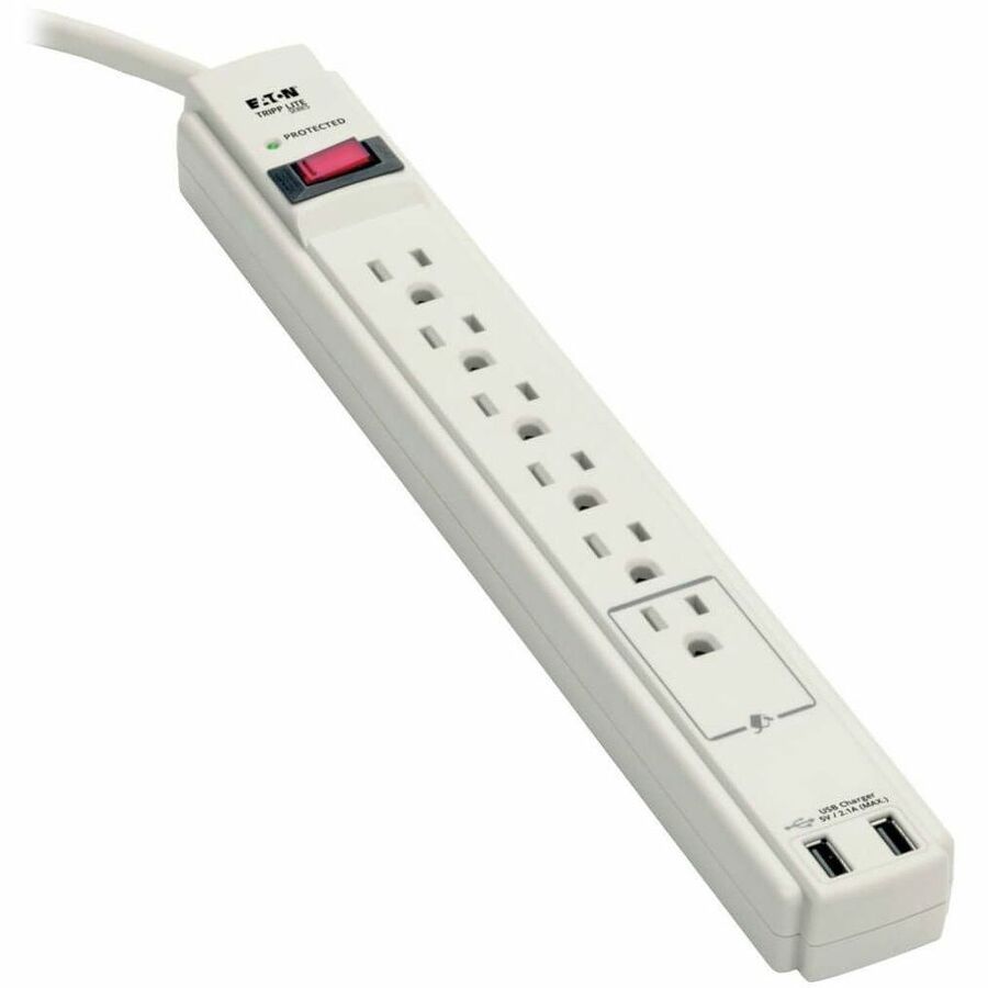 Tripp Lite series 6-outlet 2100J Surge Protector - NEMA 5-15P - 6 x NEMA 5-15R, 2 x USB - 1875 VA - 990 J - 125 V AC Input - 5 V DC Output - 35.5 kA - 6 ft