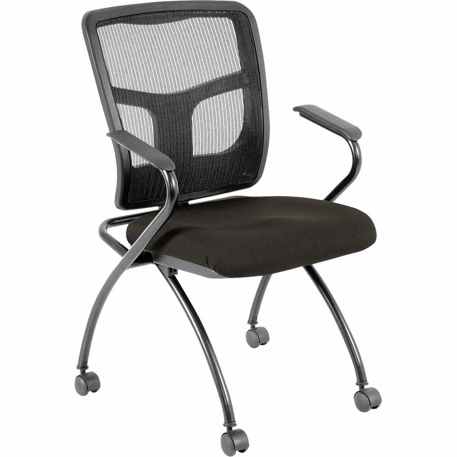 Lorell Mesh Back Fabric Seat Nesting Chairs - Fuse Pepper Seat Color - Fabric Seat Material - Powder Coated Frame Color - Metal Frame Material - Four-legged Base - Black - Mesh - Armrest - 2 / Carton