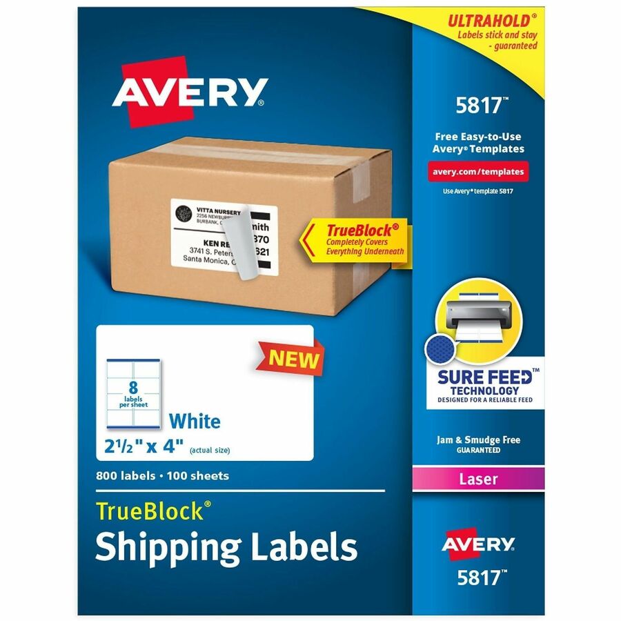 Avery&reg, Printable Shipping Labels, 2.5" x 4" , 800 Labels (5817) - x 2 1/2" Width x 4" Length - Permanent Adhesive - Rectangle - Laser - Matte - White - Paper - 8 / Sheet - 100 Total Sheets - 800 Total Label(s) - For Label Printer - 800 / Box