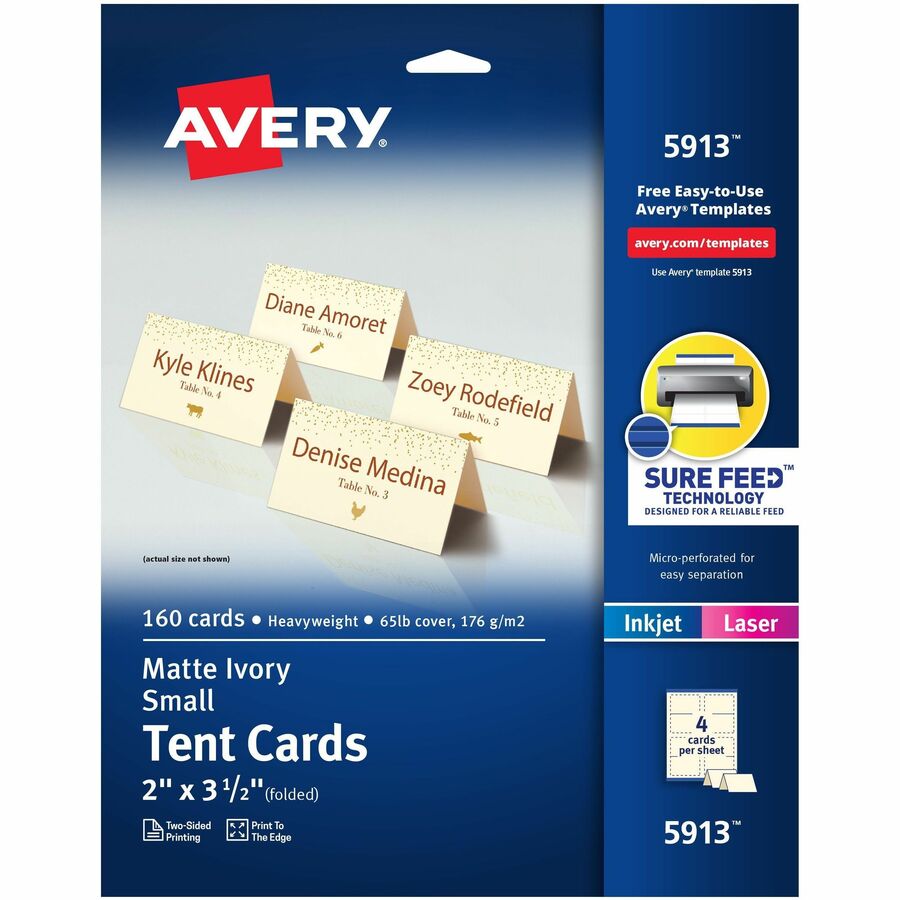 Avery&reg, Sure Feed Tent Cards - 79 Brightness - Letter - 8 1/2" x 11" - 65 lb Basis Weight - 176 g/m², Grammage - Matte - Heavyweight, Durable, Repositionable, Rounded Corner, Uncoated, Micro Perforated, Smooth Edge, Jam-free, Print-to-the-edge...