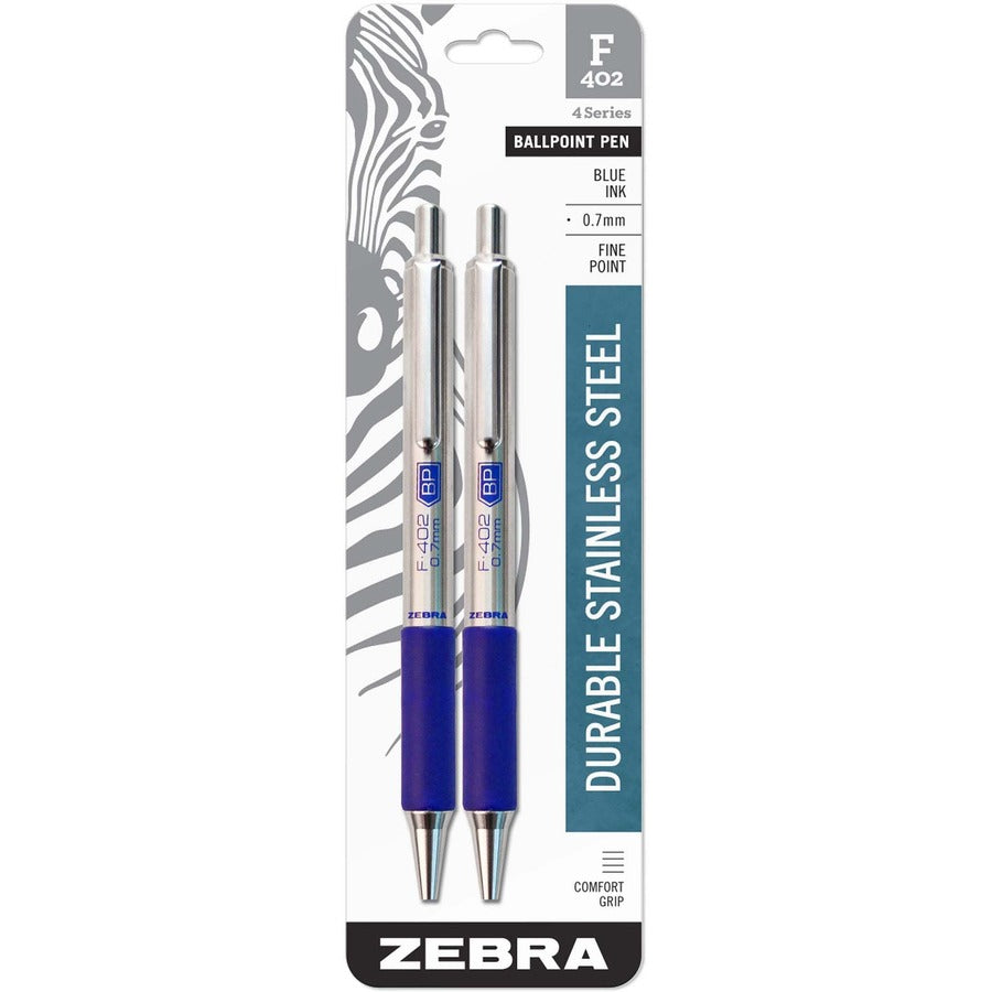 Zebra STEEL 4 Series F-402 Retractable Ballpoint Pen - Refillable - Retractable - Blue Ink - Stainless Steel Barrel - 2 / Pack
