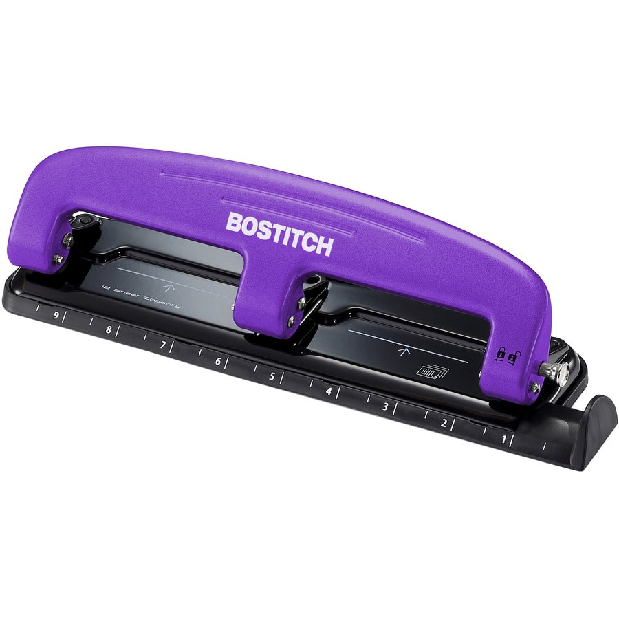 Bostitch EZ Squeeze™, 12 Three-Hole Punch - 3 Punch Head(s) - 12 Sheet - 9/32" Punch Size - 3" Width x 1.6" Height - Purple, Black