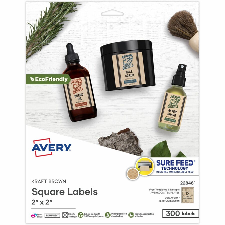 Avery&reg, Promotional Label - Waterproof - 2" Width x 2" Length - Permanent Adhesive - Square - Inkjet, Laser - Matte Kraft Brown - Matte - Paper - 12 / Sheet - 12 Total Sheets - 300 Total Label(s) - 300 / Pack