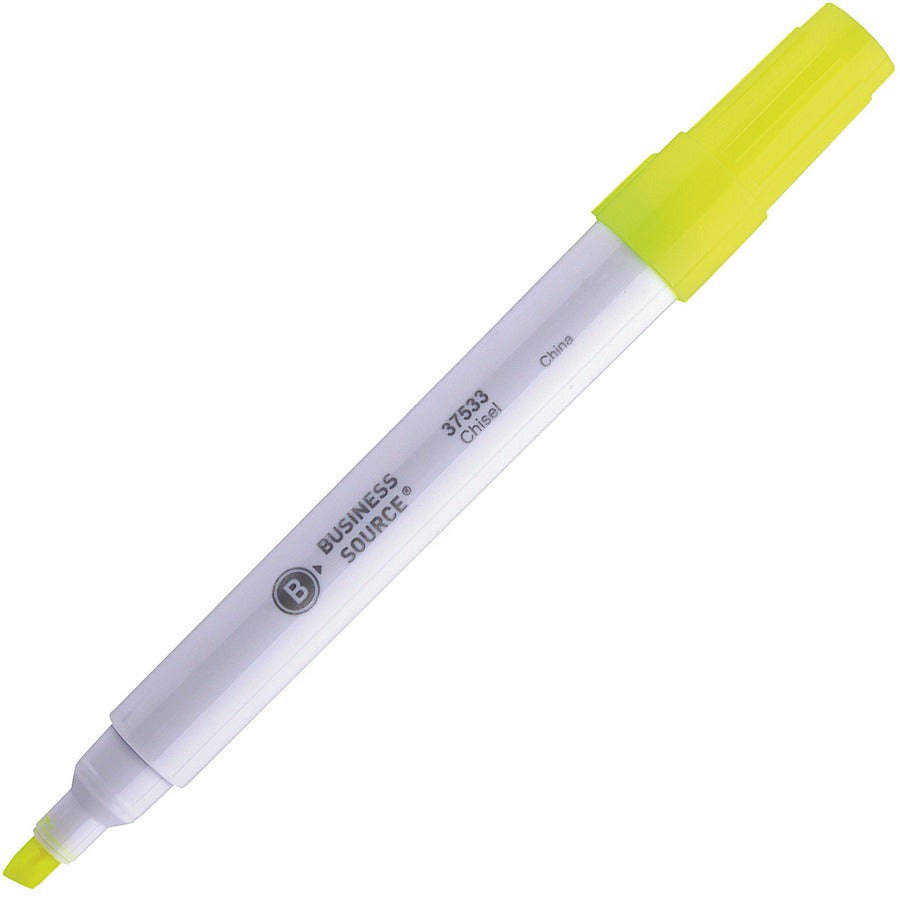 Business Source Chisel Tip Yellow Value Highlighter - Yellow Ink - White Barrel - 12 / Dozen