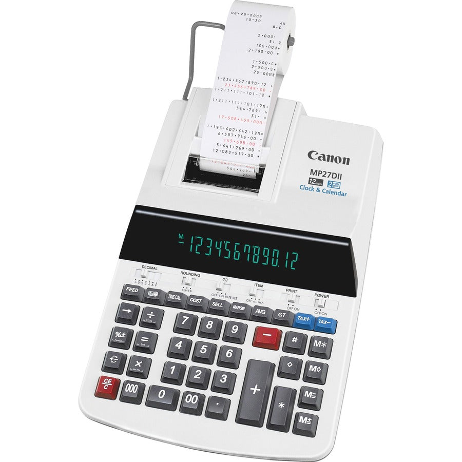 Canon MP27DII Print Calculator - Dual Color Print - Dot Matrix - 4.8 lps - Heavy Duty, Extra Large Display, Auto Power Off, Clock, Calendar, Sign Change, Item Count - 12 Digits - Fluorescent - AC Supply Powered - 3" Height x 8.9" Width x 13" Depth - Be...
