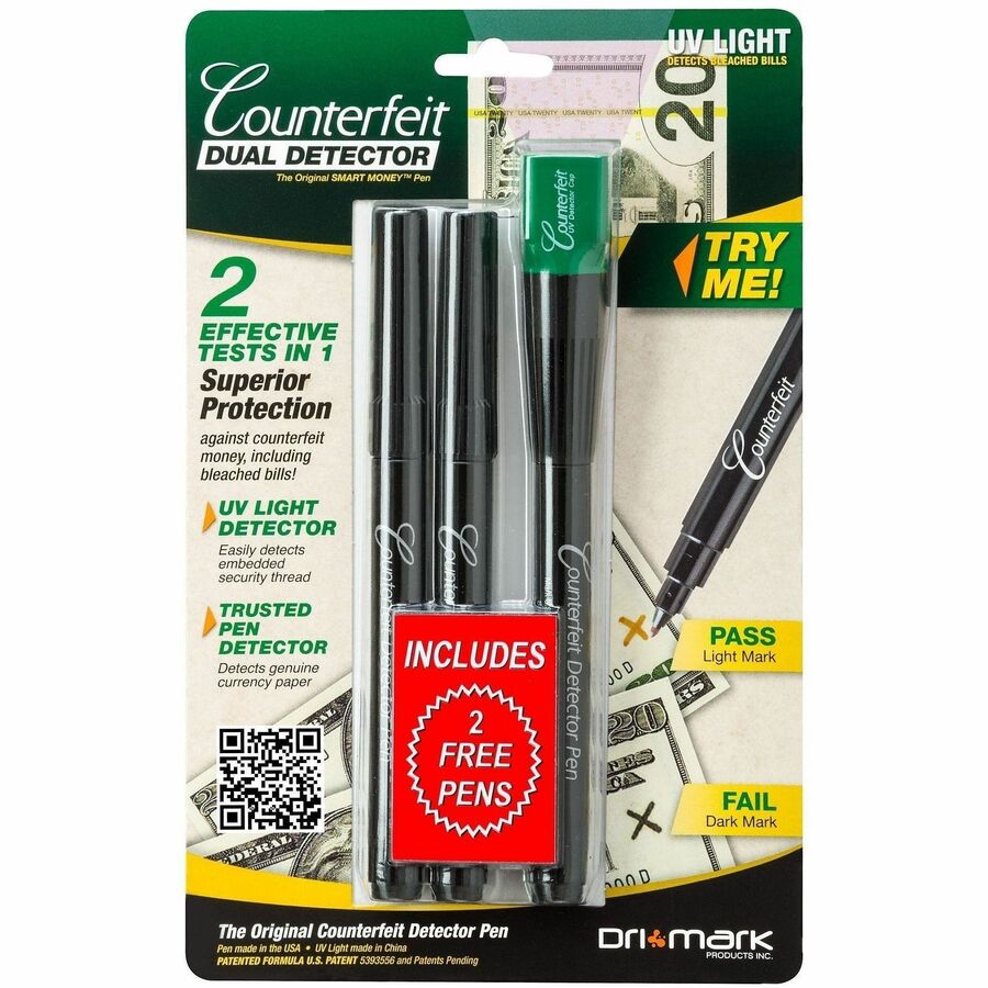 Dri Mark Counterfeit Dual Detector Pens - Ultraviolet - Black, Green - 1 Each