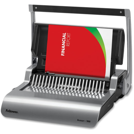 Fellowes Quasar+ 500 Comb Binding Machine w/ Starter Kit - CombBind - 500 Sheet(s) Bind - 25 Punch - 5.1" Height x 18.1" Width x 15.4" Depth - Metallic Silver, Black