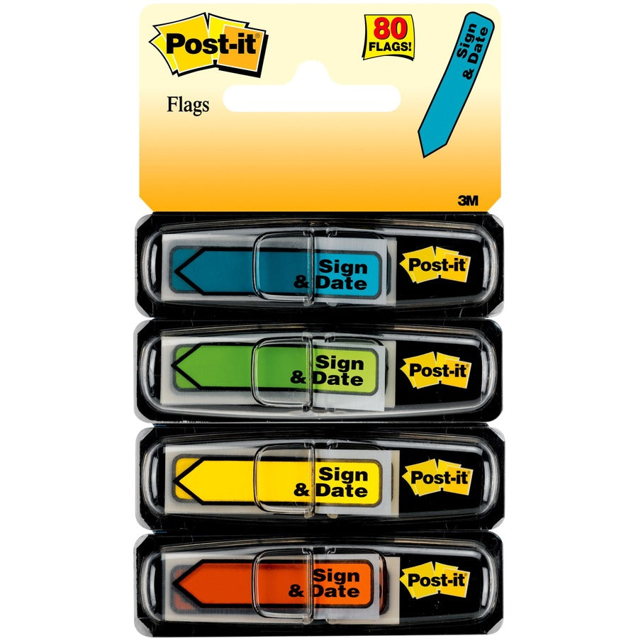 Post-it&reg, Arrow Message Flags - 80 - 1/2" Flag/Note Width x 1 3/4" Flag/Note Length - Arrow, Rectangle - Unruled - Sign & Date - Blue, Red, Green, Yellow, Assorted - Self-adhesive, Repositionable, Removable - Dispenser Included - 80 / Pack